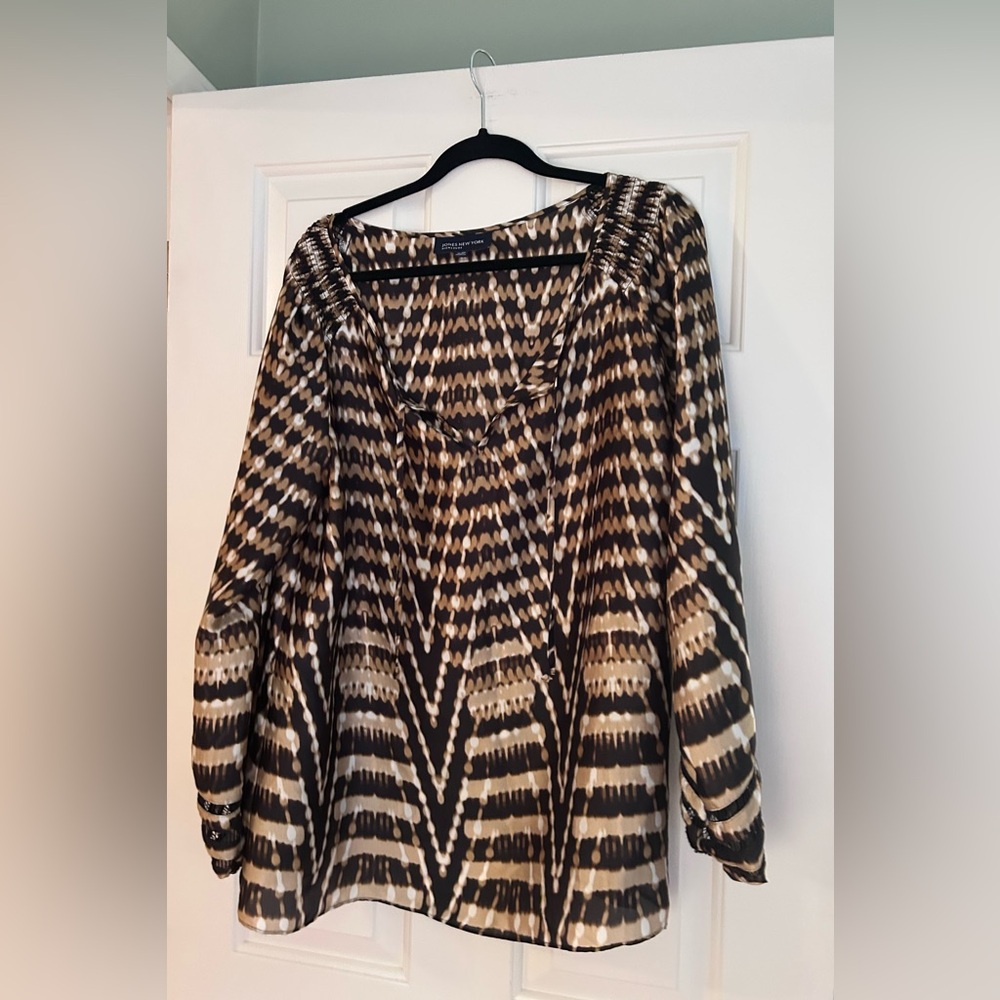 NWOT Jones New York Black and Brown Patterned Long Sleeve Blouse XL